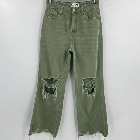 BAYEAS Wide Leg Jeans Green Denim High Rise‎ Raw Hem Distressed Women’s Size 24 - Picture 1 of 8